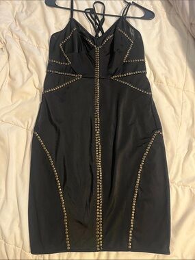 bebe Black Mini Dress with Gold Stud Accents